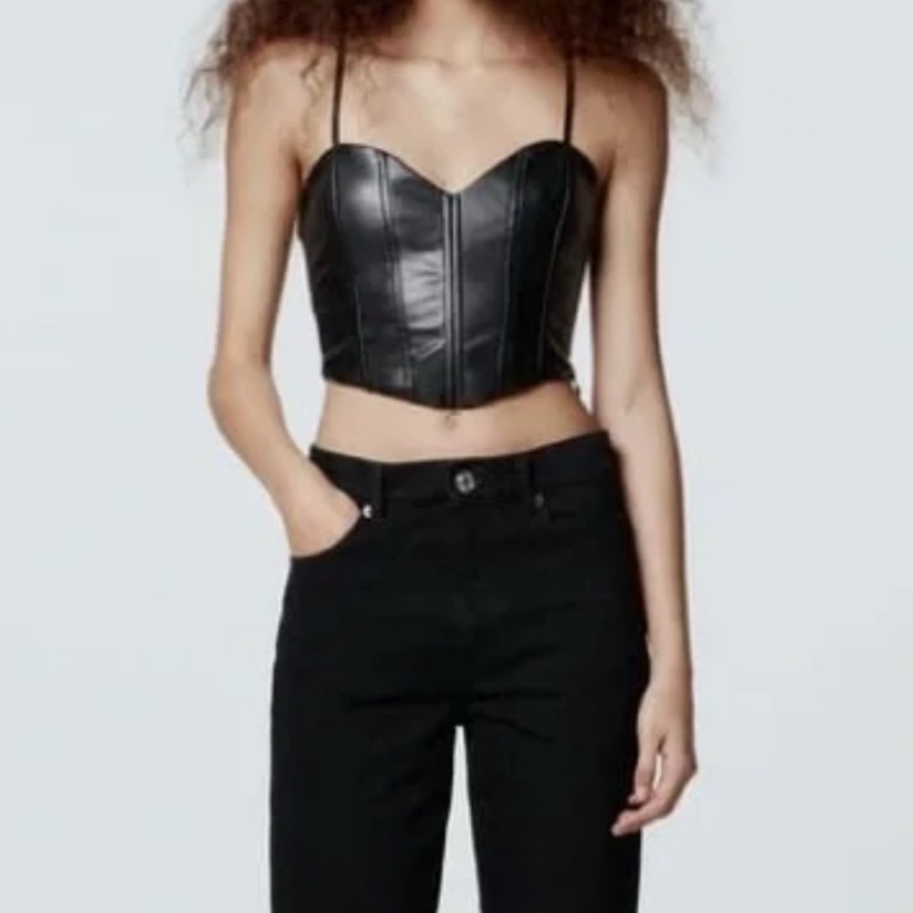 Zara Vegan Leather Black Crop Top Corset